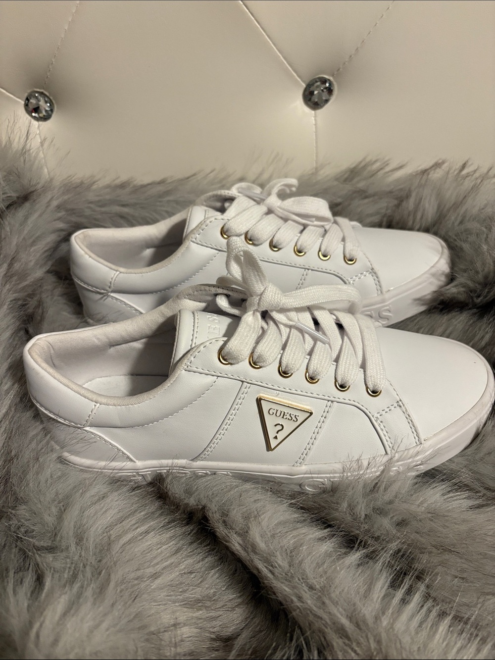 GUESS White Low-Top Sneakers with Gold Accents